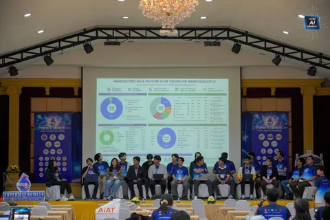 Super AI Engineer participants on stage during the local Thai 1B language-model presentation